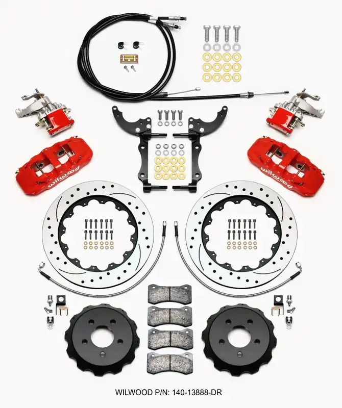 Wilwood AERO4 / MC4 Rear Kit 14.00 Drilled Red 15-23 Mustang w/Lines & Cables