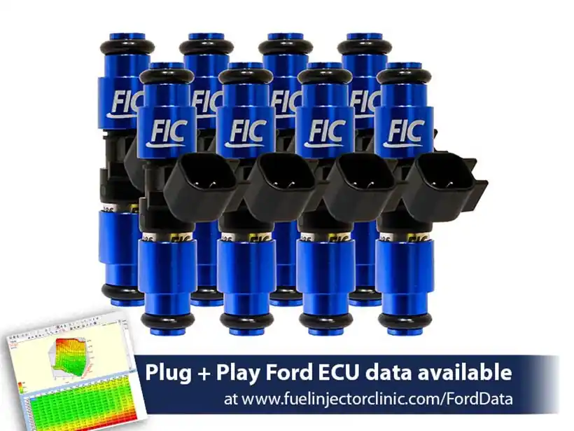 1200cc-D (110 lbs/hr at 43.5 PSI fuel pressure) FIC Fuel Injector Clinic Injector Set for Mustang GT (2005+)/GT350 (2015-2016)/ Boss 302 (2012-2013)/Cobra (1999-2004)(High-Z) (is403-1200h-d)
