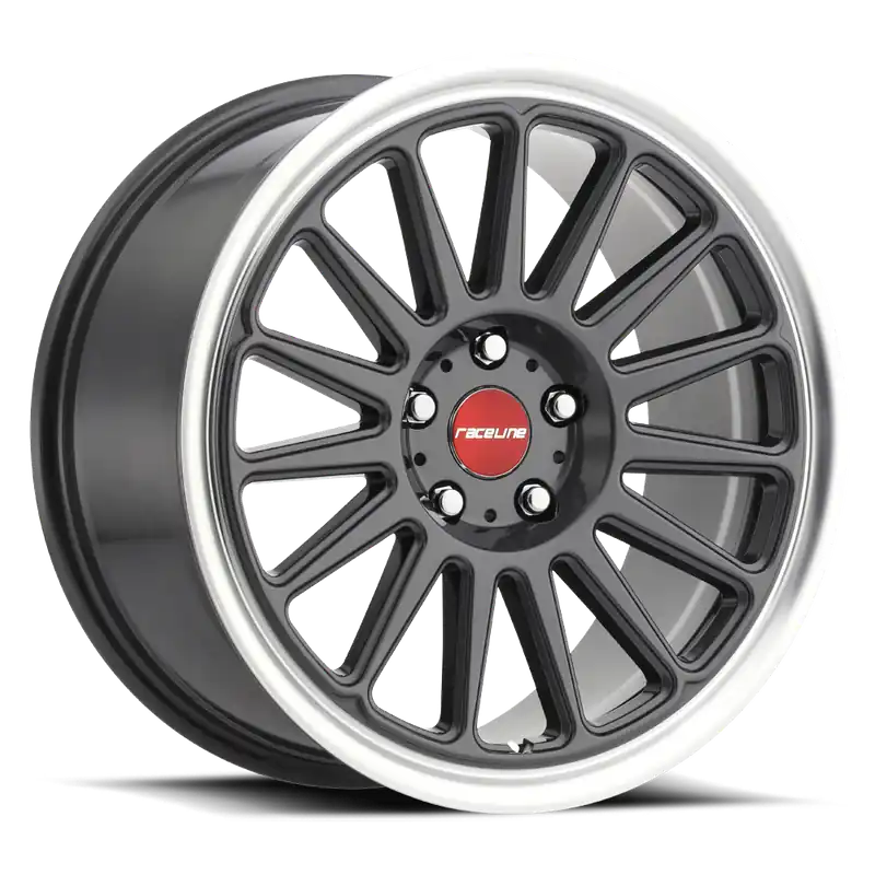 Raceline Aluminum Wheels 17x8 Grip 315G Machined Lip-Red Logo Gloss Gunmetal Grray Multi Spoke 30 Offset 5 on 100 Bolt Pattern 72.6 Bore