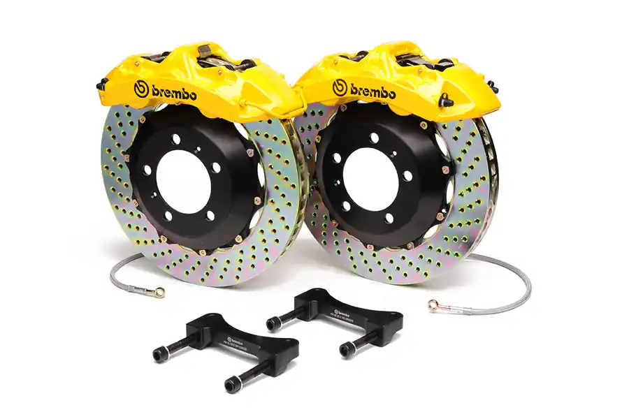 Brembo Gran Turismo 6 Piston Front Brake Kit Yellow Drilled Rotors - 2008-2014 Subaru WRX / 2010-2011 Legacy 2.5i