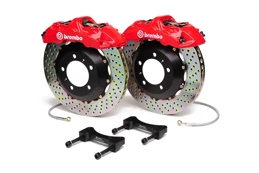 Brembo Gran Turismo 6 Piston Front Brake Kit Red Drilled Rotors - 2004-2021 Subaru STI / 2010-2012 Legacy GT/3.5R