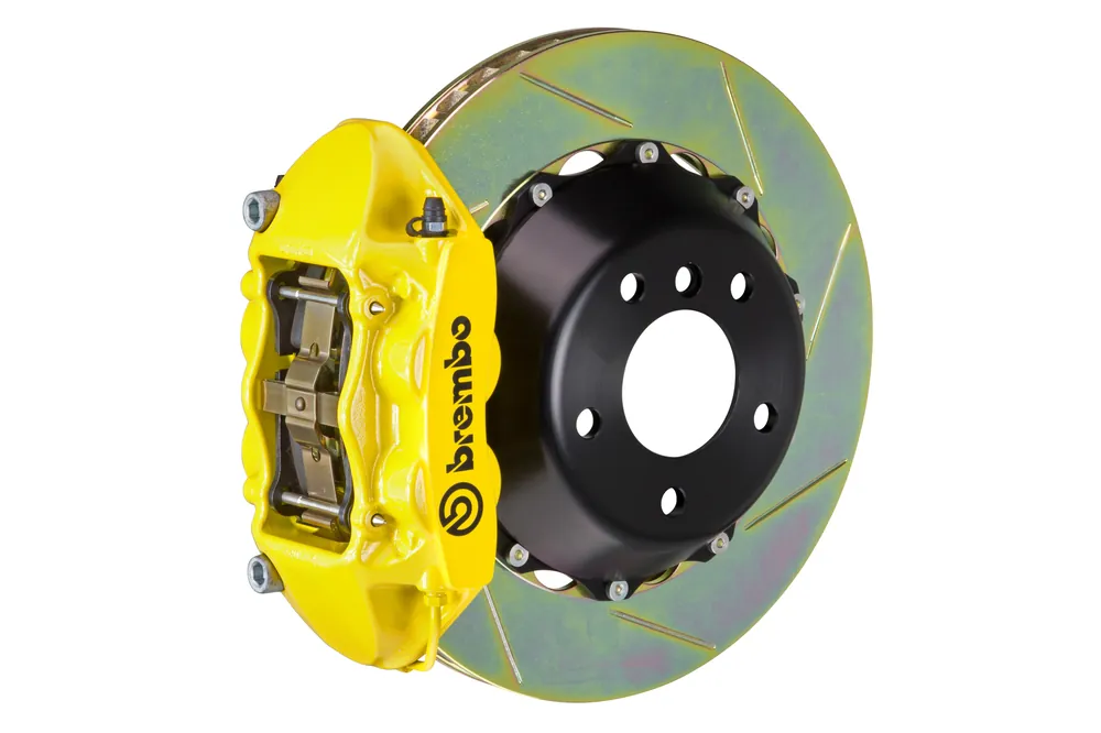 Brembo Gran Turismo Slotted Brake Kit 4 Piston 2-Piece Yellow Rear - 2008-2014 Subaru STI / 2010-2014 Legacy GT/3.6