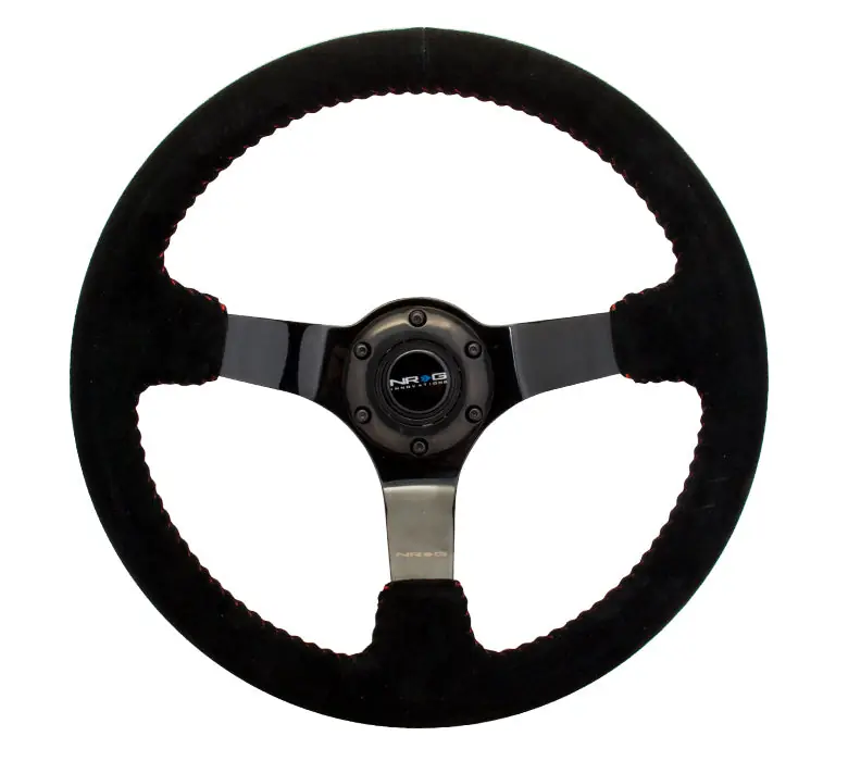 NRG Reinforced Steering Wheel 350mm Suede 3in Deep Black Chrome w/ Red Stitch - Universal