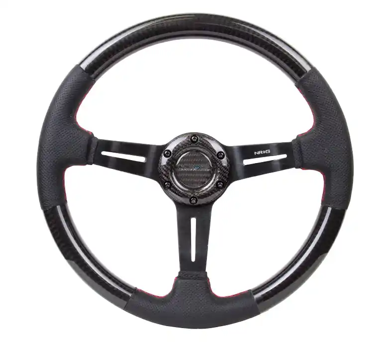 NRG Carbon Fiber Steering Wheel 350mm 1.5in Dish w/Leather Accent and Deep Red Stitching - Universal