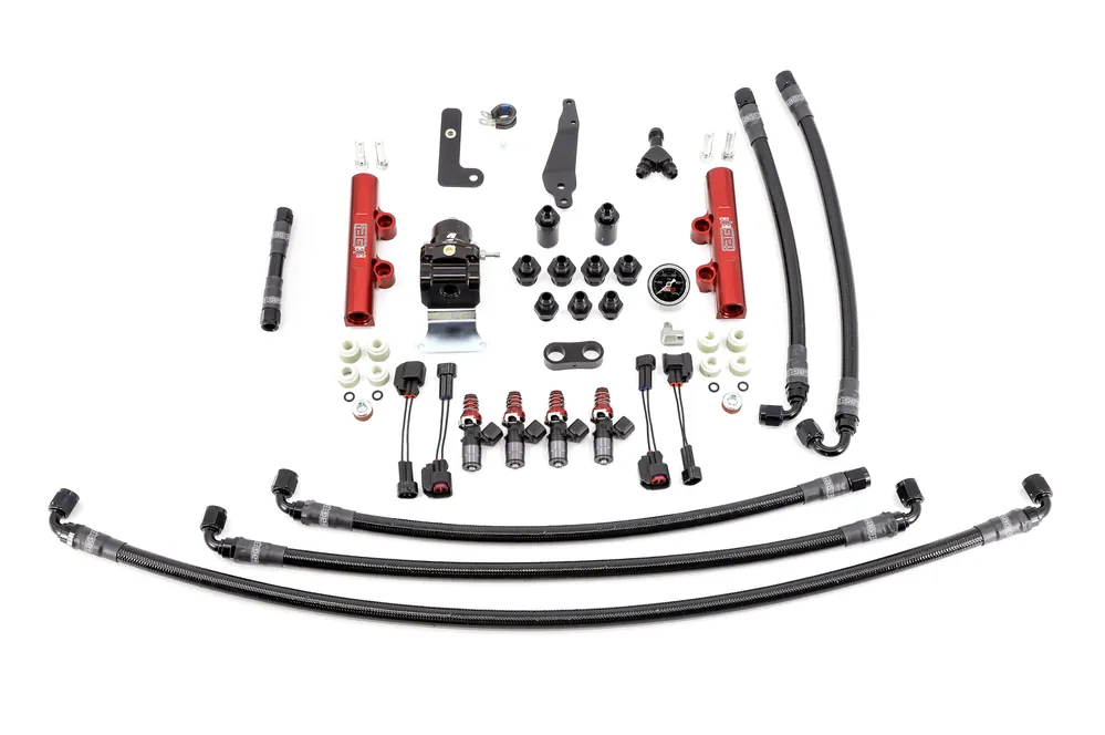 IAG PTFE Fuel System Kit w/ 1050cc Injectors, Lines, FPR, Red Fuel Rails - 2008-2021 Subaru STI