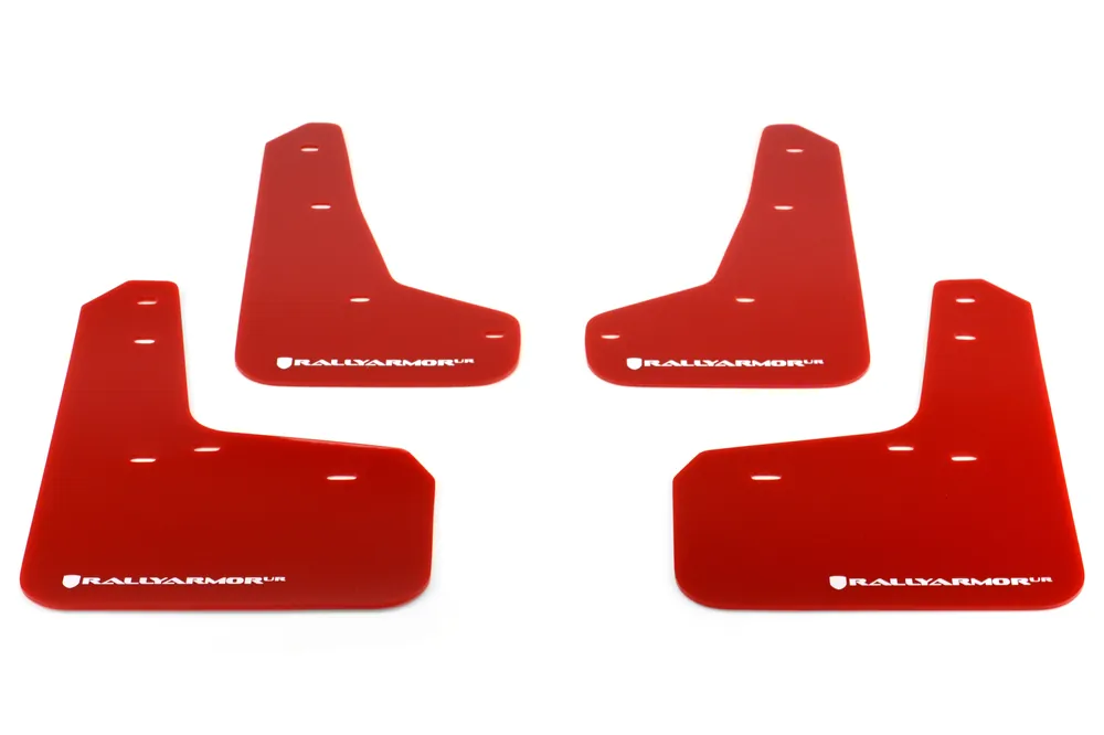 Rally Armor UR Mudflaps Red Urethane White Logo - 2013-2018 Ford Focus ST / 2016-2018 Focus RS