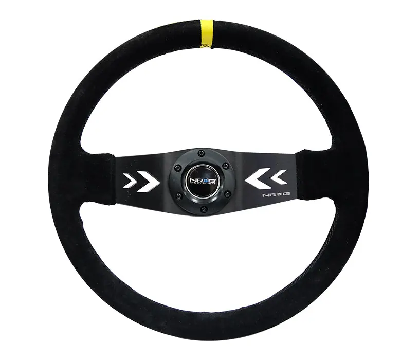 NRG Reinforced Steering Wheel Arrow Cut Out 350mm Suede Black w/ Yellow Stripe - Universal