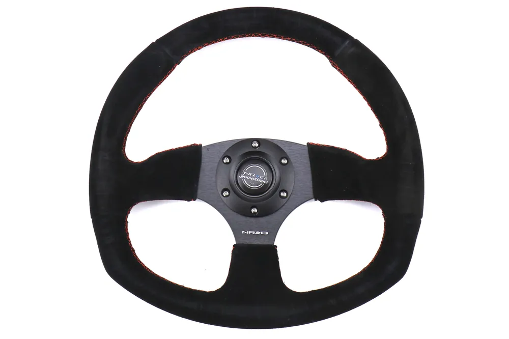 NRG Reinforced Steering Wheel Flat Bottom Suede w/ Red Stitch - Universal