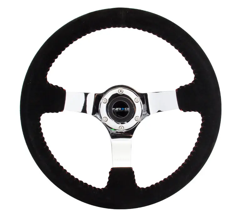 NRG Reinforced Steering Wheel 350mm Suede 3in Deep Chrome w/ Red Stitch - Universal