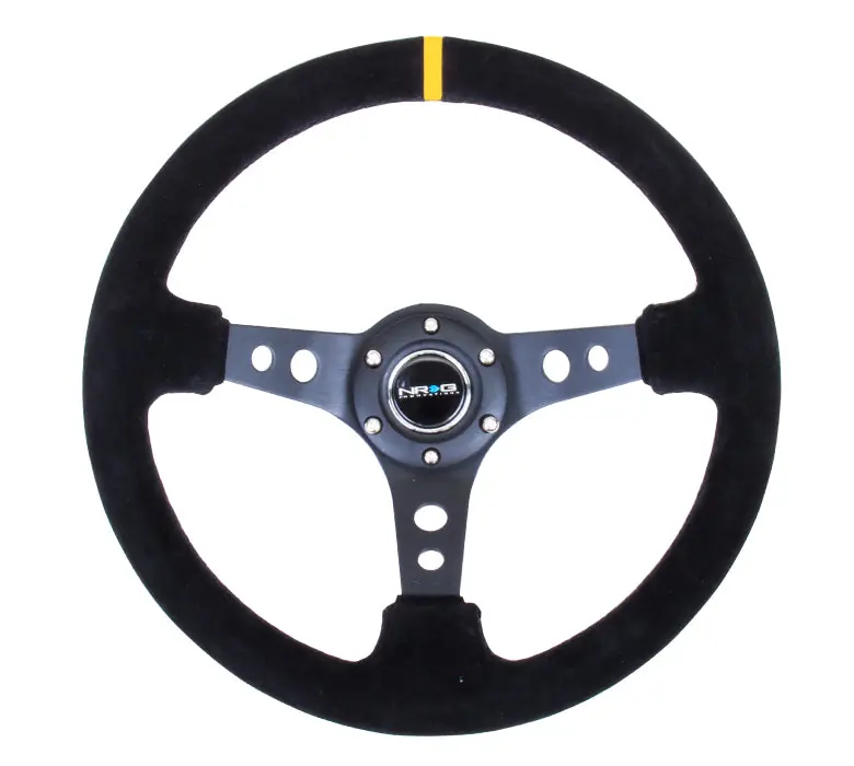 NRG Reinforced Steering Wheel 350mm 3in Deep Black Suede w/ Yellow Stripe - Universal