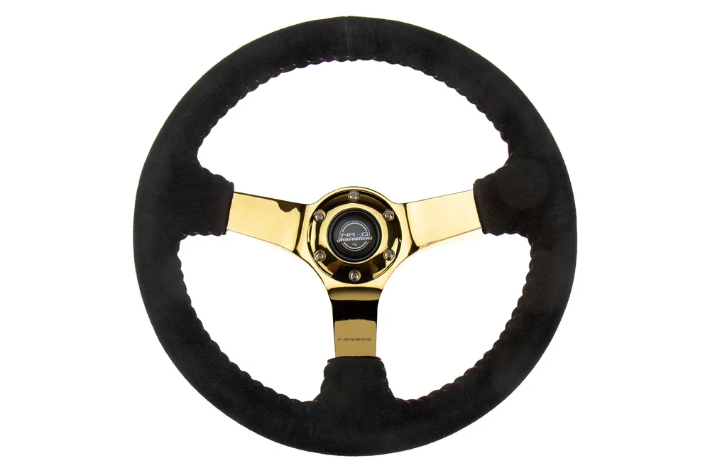 NRG Reinforced Steering Wheel 350mm Suede 3in Deep Gold w/ Red Stitch - Universal