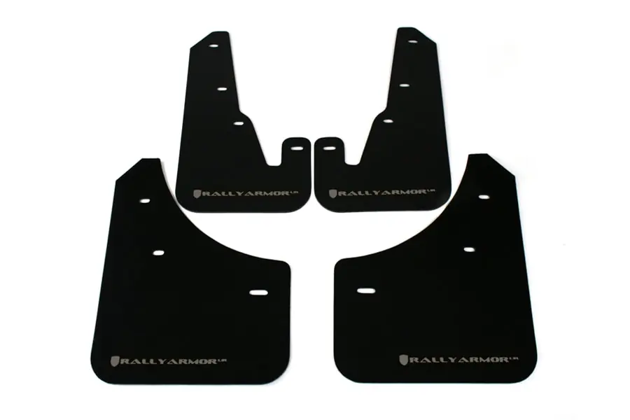 Rally Armor UR Mudflaps Black Urethane Silver Logo - 2004-2009 Mazda 3 (inc. 2007-2009 Mazdaspeed3)