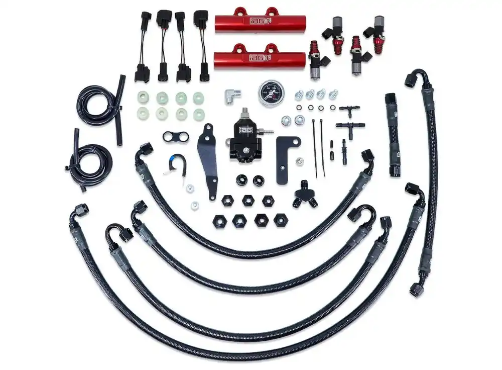IAG Performance PTFE Fuel System Kit with ID 1050cc Injectors, Aeromotive FPR, Red IAG Fuel Rails - 2008-2014 Subaru WRX / 2008-2021 STI