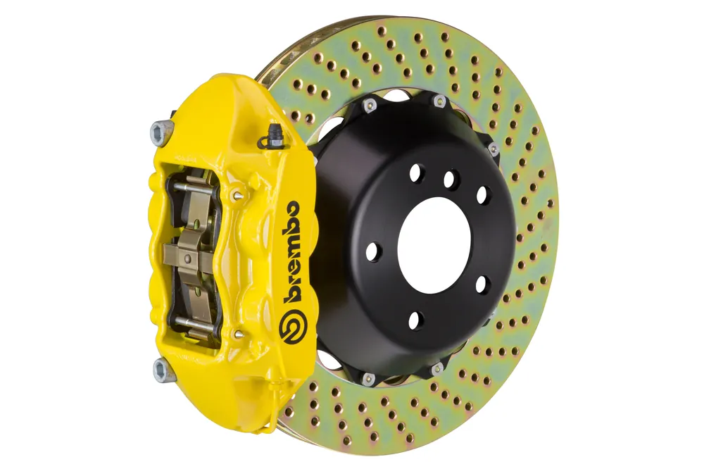 Brembo Gran Turismo Drilled Brake Kit 4 Piston 2-Piece Yellow Rear - 2008-2014 Subaru STI / 2010-2014 Legacy GT/3.6