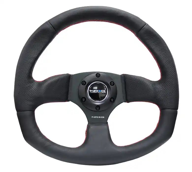 NRG Reinforced Steering Wheel Flat Bottom Black w/ Red Stitch - Universal