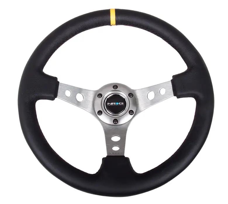 NRG Reinforced Steering Wheel 350mm 3in Deep Gun Metal w/ Yellow Stripe - Universal