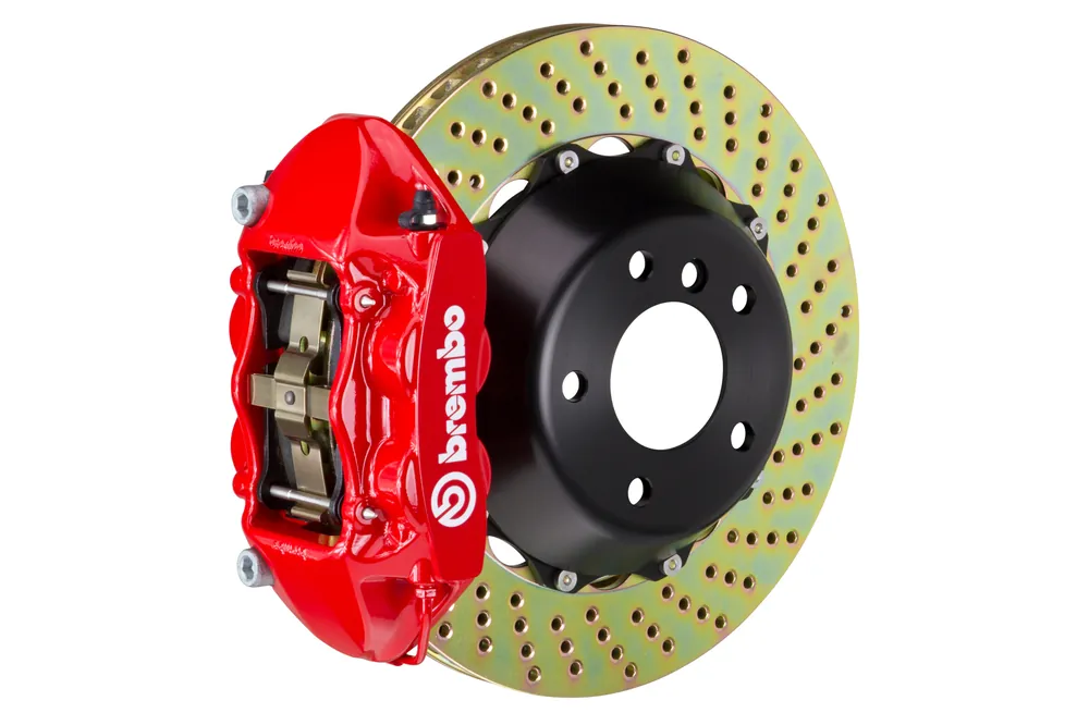 Brembo Gran Turismo Drilled Brake Kit 4 Piston 2-Piece Red Rear - 2008-2014 Subaru STI / 2010-2014 Legacy GT/3.6