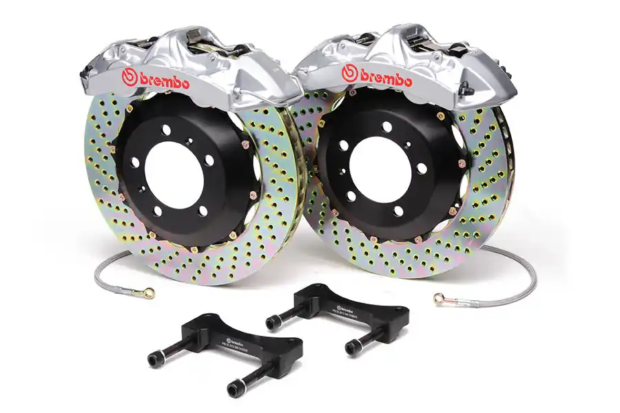 Brembo Gran Turismo 6 Piston Front Brake Kit Silver Drilled Rotors - 2003-2006 Mitsubishi Evo 8/9