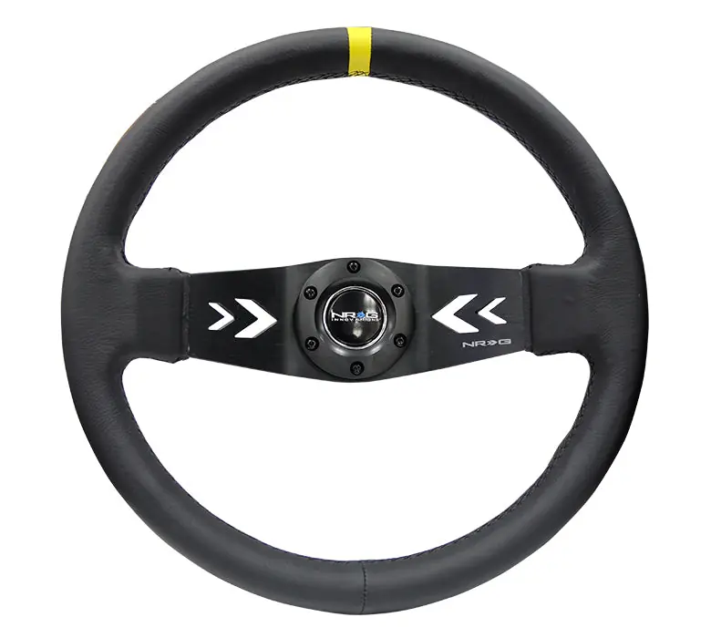 NRG Reinforced Steering Wheel Arrow Cut Out 350mm Black w/ Yellow Stripe - Universal