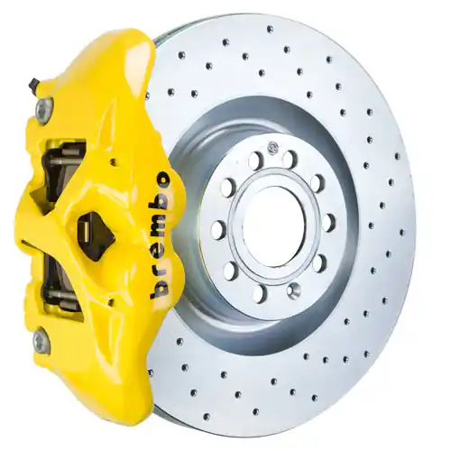 Brembo GT Systems Monobloc 4 Piston 345mm Cross Drilled Yellow - Volkswagen Models (inc. 2006-2009 GTI)