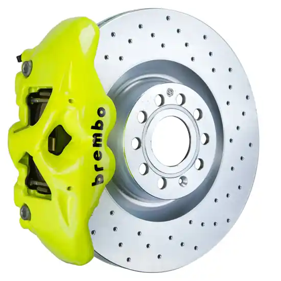 Brembo GT Systems Monobloc 4 Piston 345mm Cross Drilled Fluorescent Yellow - Volkswagen Models (Inc. 2015+ GTI / 2016+ Golf R)
