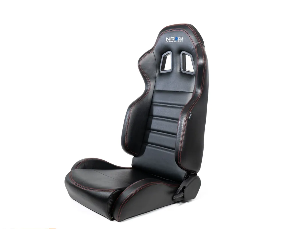 NRG Innovations Reclinable Sports Seats Black Leather w/ Red Stitching (Pair) - Universal