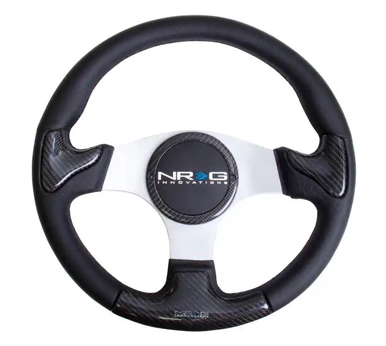 NRG Carbon Fiber Steering Wheel 350mm Silver Rubber Horn - Universal
