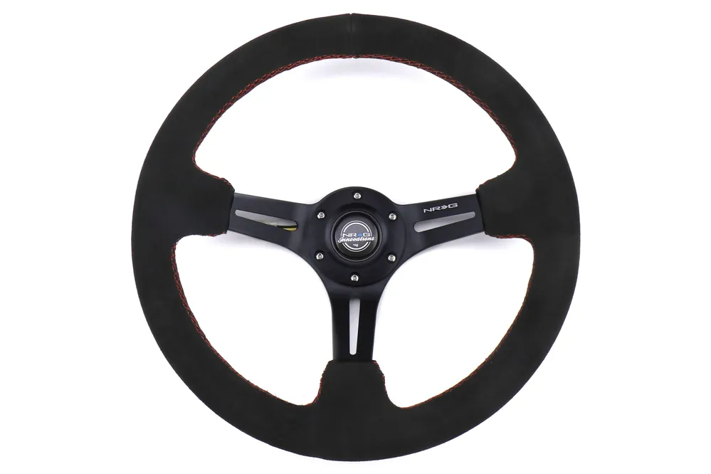 NRG Reinforced Steering Wheel 350mm Suede 3in Deep Black Slotted w/ Red Stitch - Universal