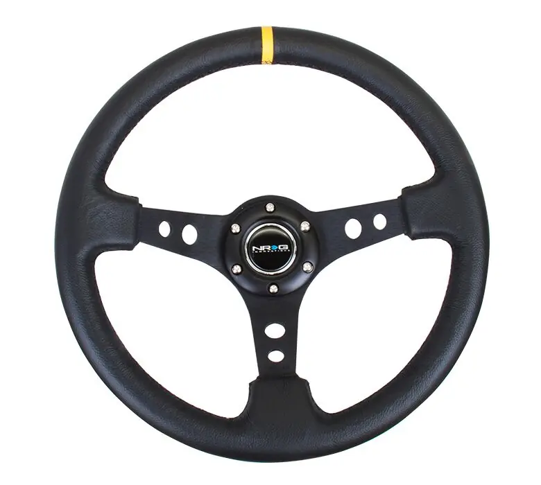 NRG Reinforced Steering Wheel 350mm 3in Deep Black w/ Yellow Stripe - Universal