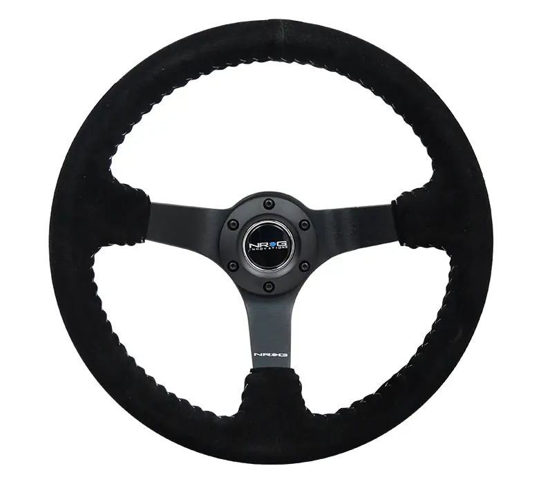 NRG Reinforced Steering Wheel 350mm Suede 3in Deep Black w/ Silver Stitch - Universal