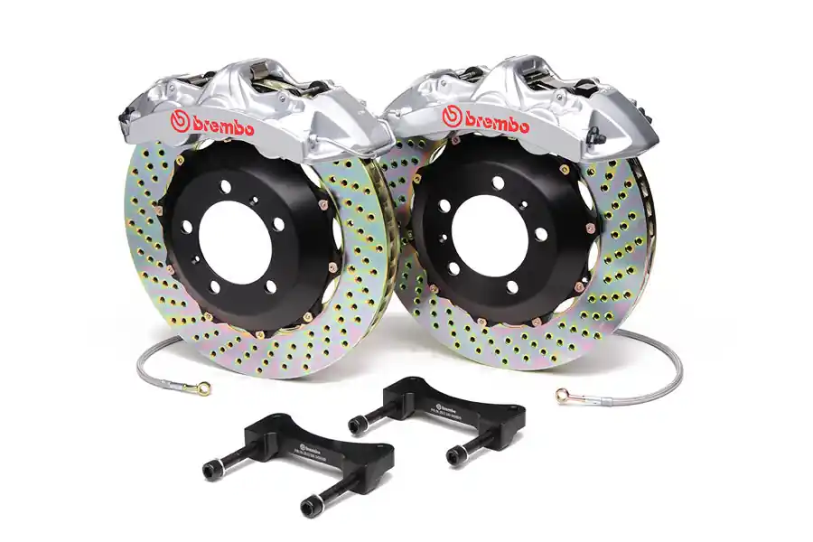 Brembo Gran Turismo 6 Piston Front Brake Kit Silver Drilled Rotors - 2004-2021 Subaru STI / 2010-2012 Legacy GT/3.5R