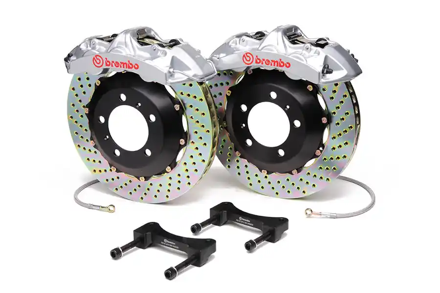 Brembo Gran Turismo 6 Piston Front Brake Kit Silver Drilled Rotors - 2008-2014 Subaru WRX / 2010-2011 Legacy 2.5i