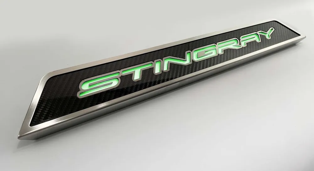 2020-2026 C8 Corvette - Replacement Door Sills CARBON Fiber W/Brushed Stainless Steel 'STINGRAY' Style Illuminated LED | Choose Led Color