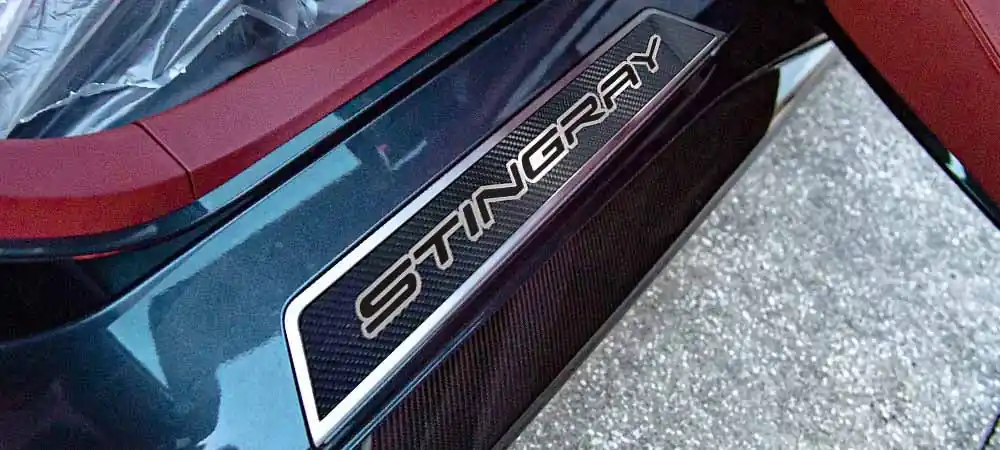 2020-2026 C8 Corvette - REPLACEMENT DOOR SILLS Carbon Fiber With Brushed Stainless Steel 'STINGRAY' Style Insert Carbon Fiber | Choose Vinyl Inlay Color