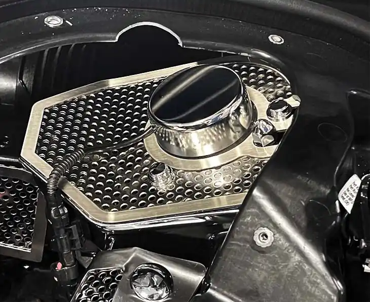 HTC C8 Corvette Shock Tower Covers With Brushed Trim | Perforated Stainless Steel